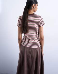 Model wearing Stripe rib short sleeve tee in pink and brown