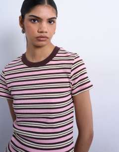 Model wearing Stripe rib short sleeve tee in pink and brown