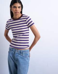 Model wearing Stripe rib short sleeve tee in purple
