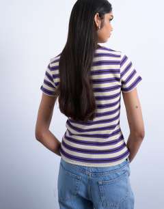 Model wearing Stripe rib short sleeve tee in purple