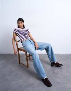 Model wearing Stripe rib short sleeve tee in purple
