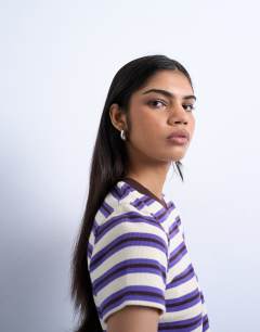 Model wearing Stripe rib short sleeve tee in purple