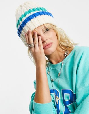 Topshop stripe ribbed beanie in off white and blue