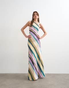 Model wearing Stripe ruched detail maxi dress in lilac