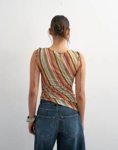 Model wearing Stripe ruched drawcord tank in orange