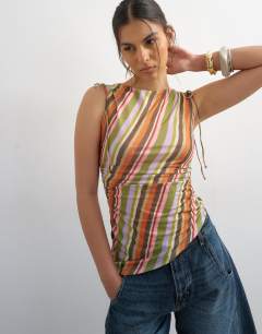 Model wearing Stripe ruched drawcord tank in orange