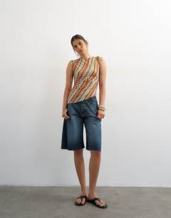 Model wearing Stripe ruched drawcord tank in orange