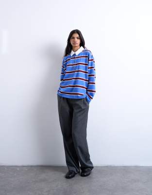 Topshop Stripe Rugby Long Sleeve Polo Top In Blue