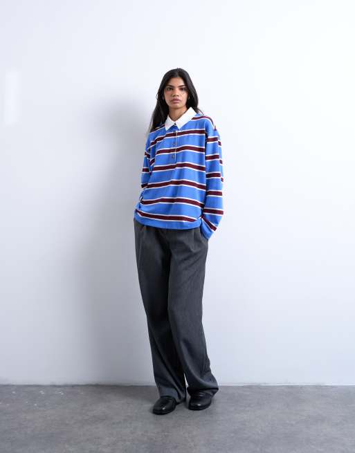 Topshop stripe rugby long sleeve polo top in blue, 2 of 4