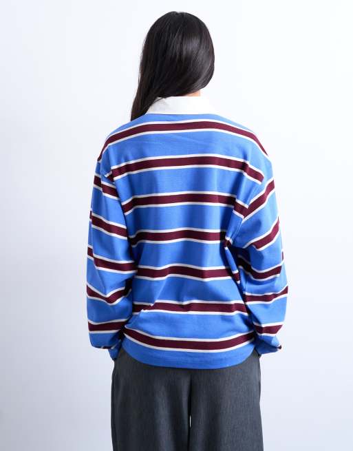 Topshop stripe rugby long sleeve polo top in blue, 3 of 4