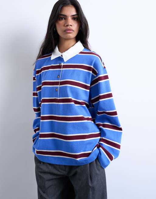Topshop stripe rugby long sleeve polo top in blue, 4 of 4