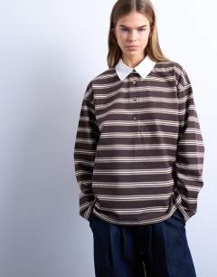 Stripe rugby long sleeve polo top in chocolate
