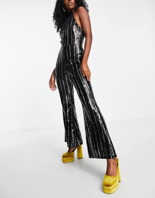 Topshop stripe sequin jumpsuit in black