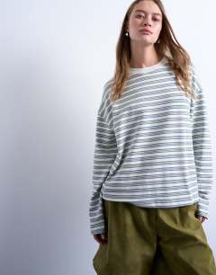 Model wearing Stripe skater tee in ecru