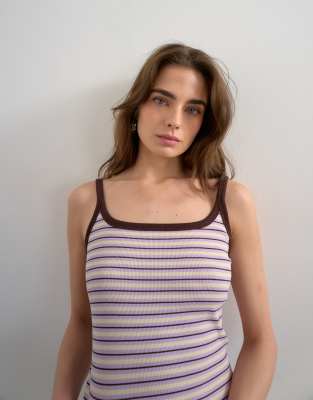 Topshop Women's Lilac Stripe Skinny Strap Scoop Rib Vest In -Purple