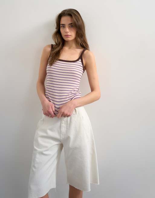 Topshop stripe skinny strap scoop ribbed tank top in lilac, 4 of 4