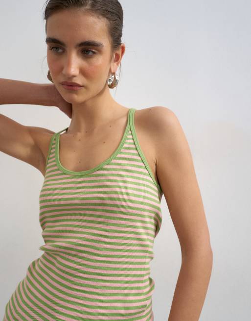 Topshop stripe spaghetti strap scoop racer vest in pink and green, 3 of 4