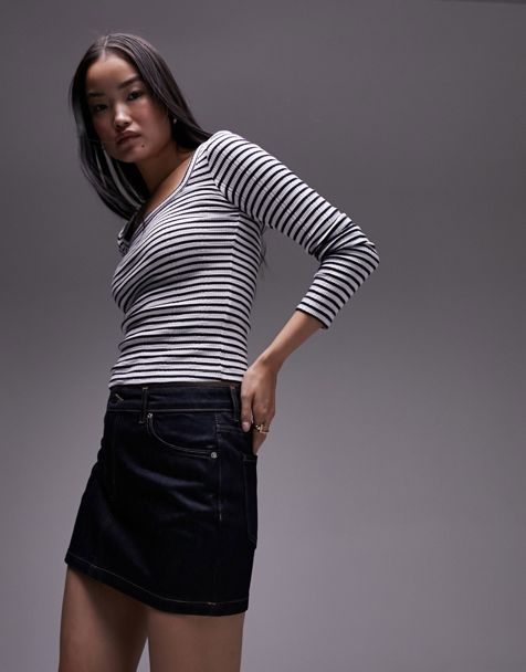 Topshop stripe square neck long sleeve top in navy - view 1