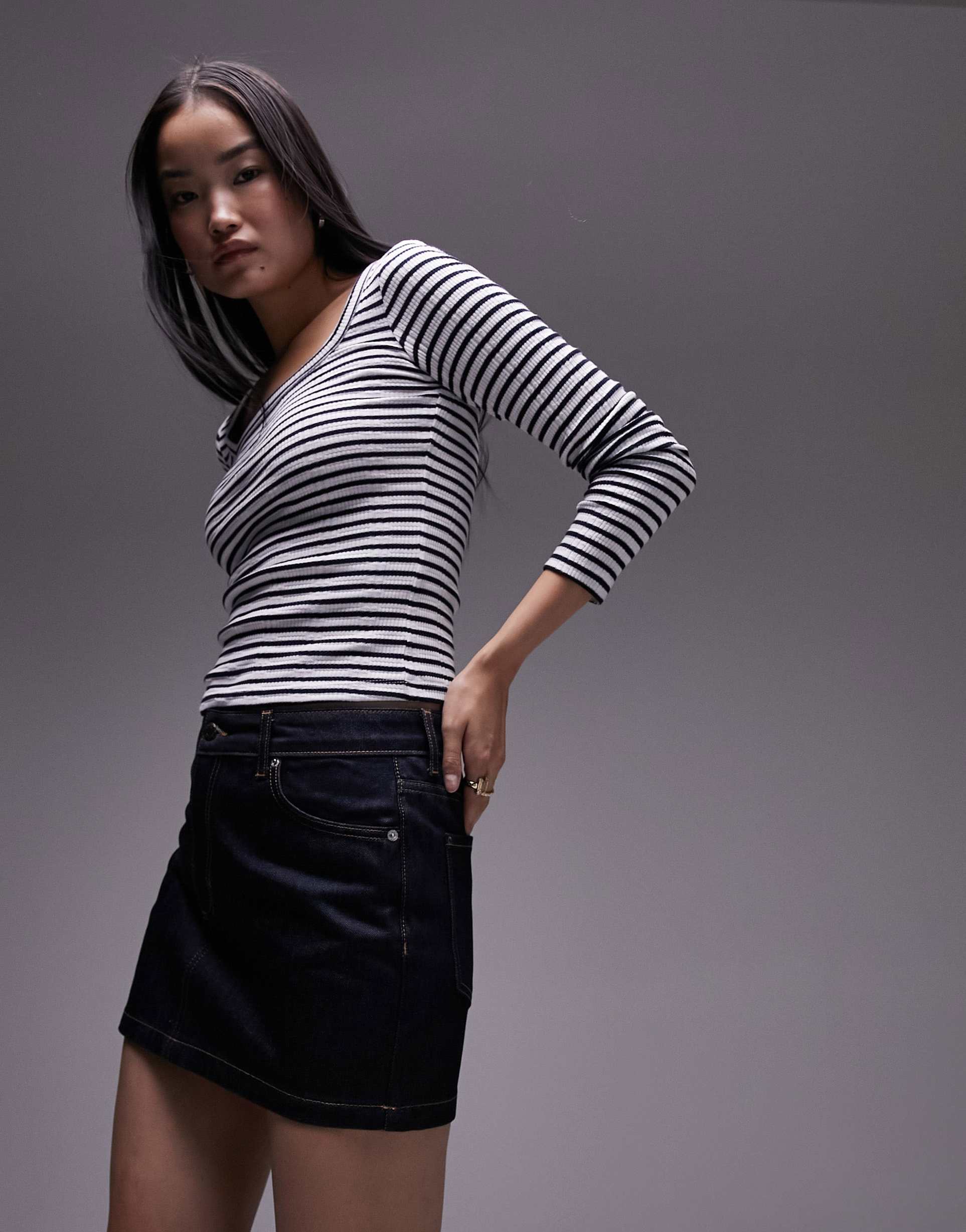 topshop stripe square neck long sleeve top in navy