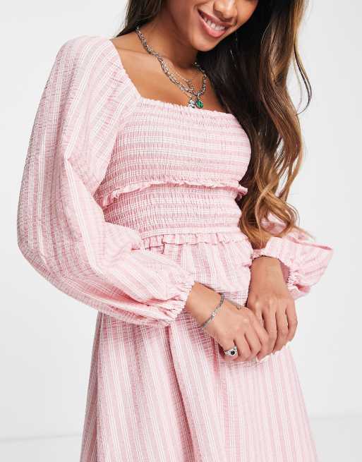 Topshop stripe textured back detail midi dress in pink ASOS