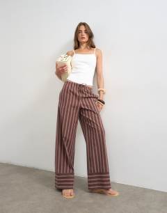 Model wearing Stripe tie waist wide leg trouser in brown and pink