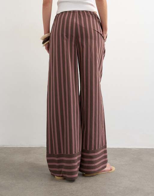 Topshop stripe tie waist wide leg trouser in brown and pink, 3 of 5