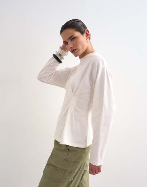 Topshop tuck waist long sleeve tee in ivory