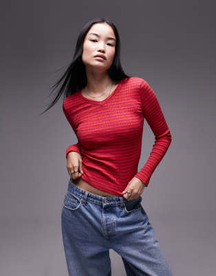 Topshop stripe v neck long sleeve top in red | ASOS