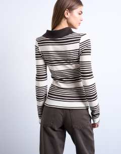 Model wearing Stripe v-neck polo long sleeve top in chocolate and ecru