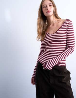 Topshop stripe v-neck top in pink and burgundy