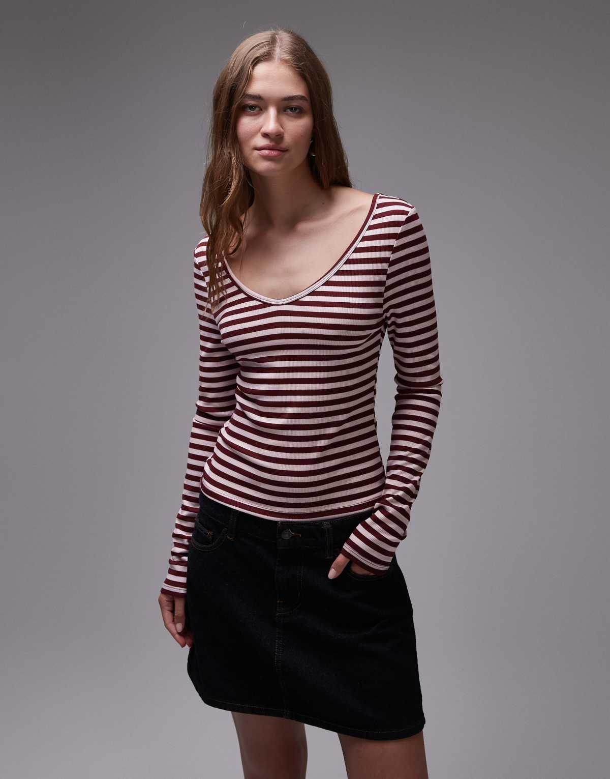 Topshop stripe v-neck top in pink and burgundy