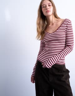 Stripe v-neck top in pink and burgundy