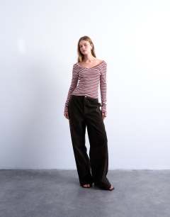 Model wearing Stripe v-neck top in pink and burgundy
