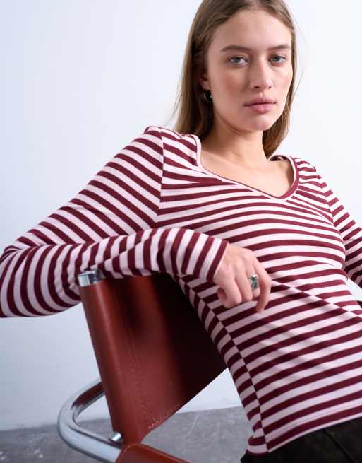 Topshop stripe v-neck top in pink and burgundy, 3 of 4