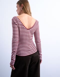 Model wearing Stripe v-neck top in pink and burgundy