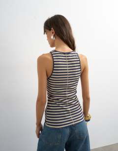 Model wearing Stripe waffle vest in navy