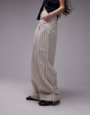 stripe wide leg cuffed hem pants in ecru-White