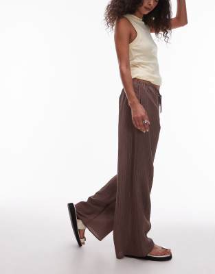 Topshop Stripe Wide Leg Drawcord Pants In Brown