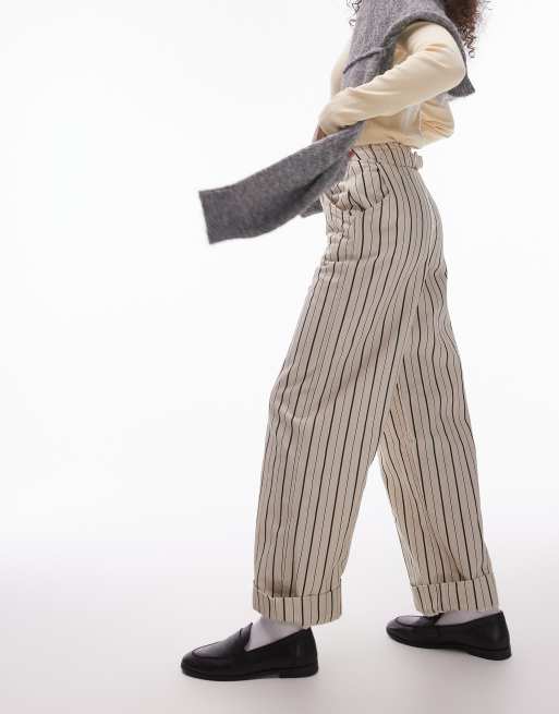 Topshop stripe wide leg turn back hem pants in stone