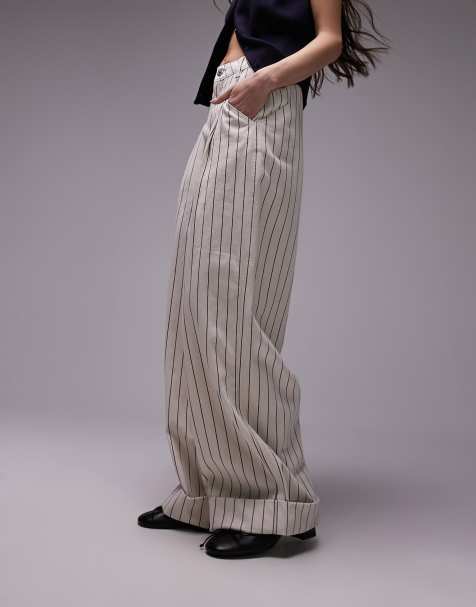 Topshop stripe wide leg turn back hem trourser in ecru - view 1