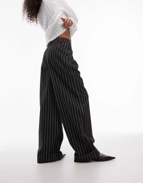 Topshop stripe wide leg turn back hem trouser in black - view 1