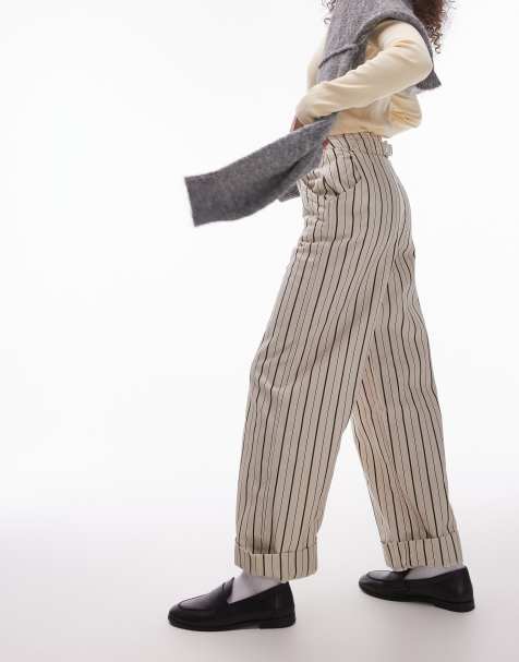 Topshop stripe wide leg turn back hem trouser in stone - view 1