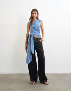 Model wearing Stripe wrap detail tee in blue