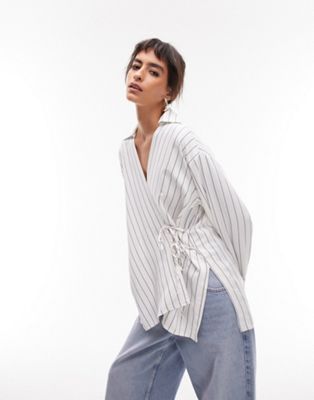 Topshop stripe wrap top in blue and ivory