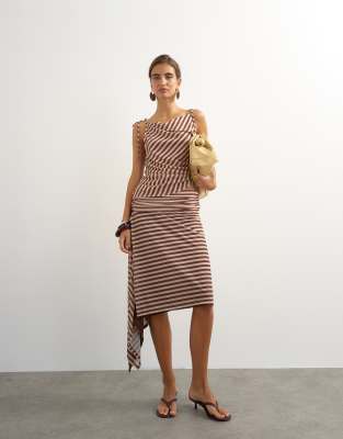 Topshop Striped Asymmetric Skirt In Brown