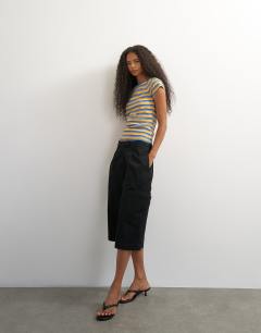 Model wearing Striped baby tee in yellow