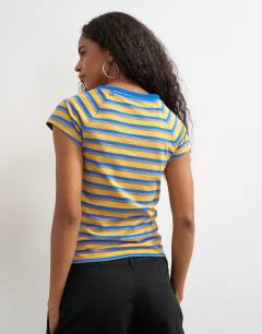 Model wearing Striped baby tee in yellow