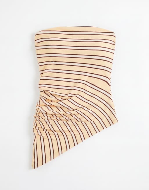 Topshop striped bandeau ruched side asymmetric hem in yellow, 5 of 7