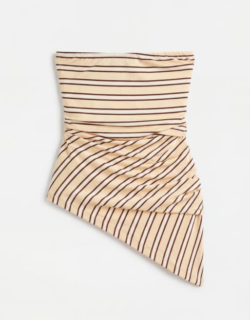 Topshop striped bandeau ruched side asymmetric hem in yellow, 6 of 7