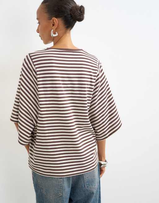 Topshop striped batwing sleeve t-shirt in chocolate, 2 of 4